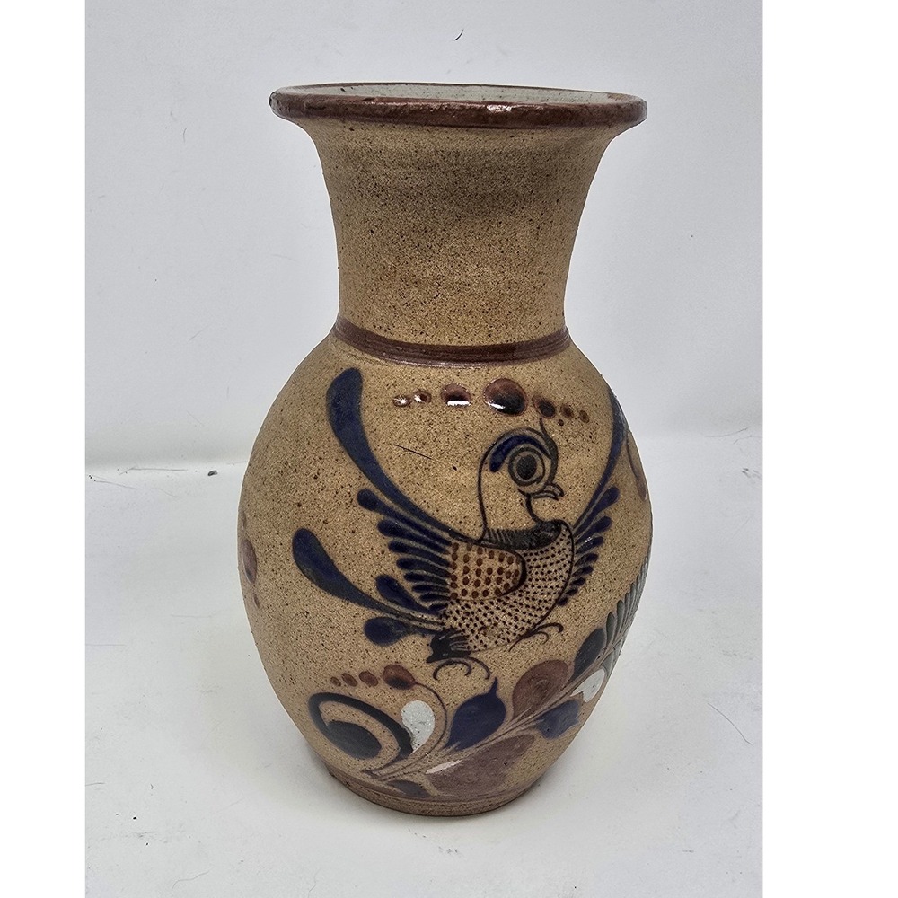 Vintage Tonala Mexican pottery vase hand painted bird floral folk art stoneware